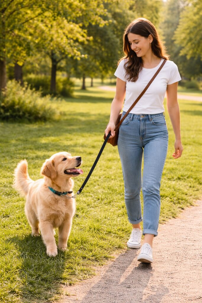 Kiskutya tanítása pórázon sétáltatás.